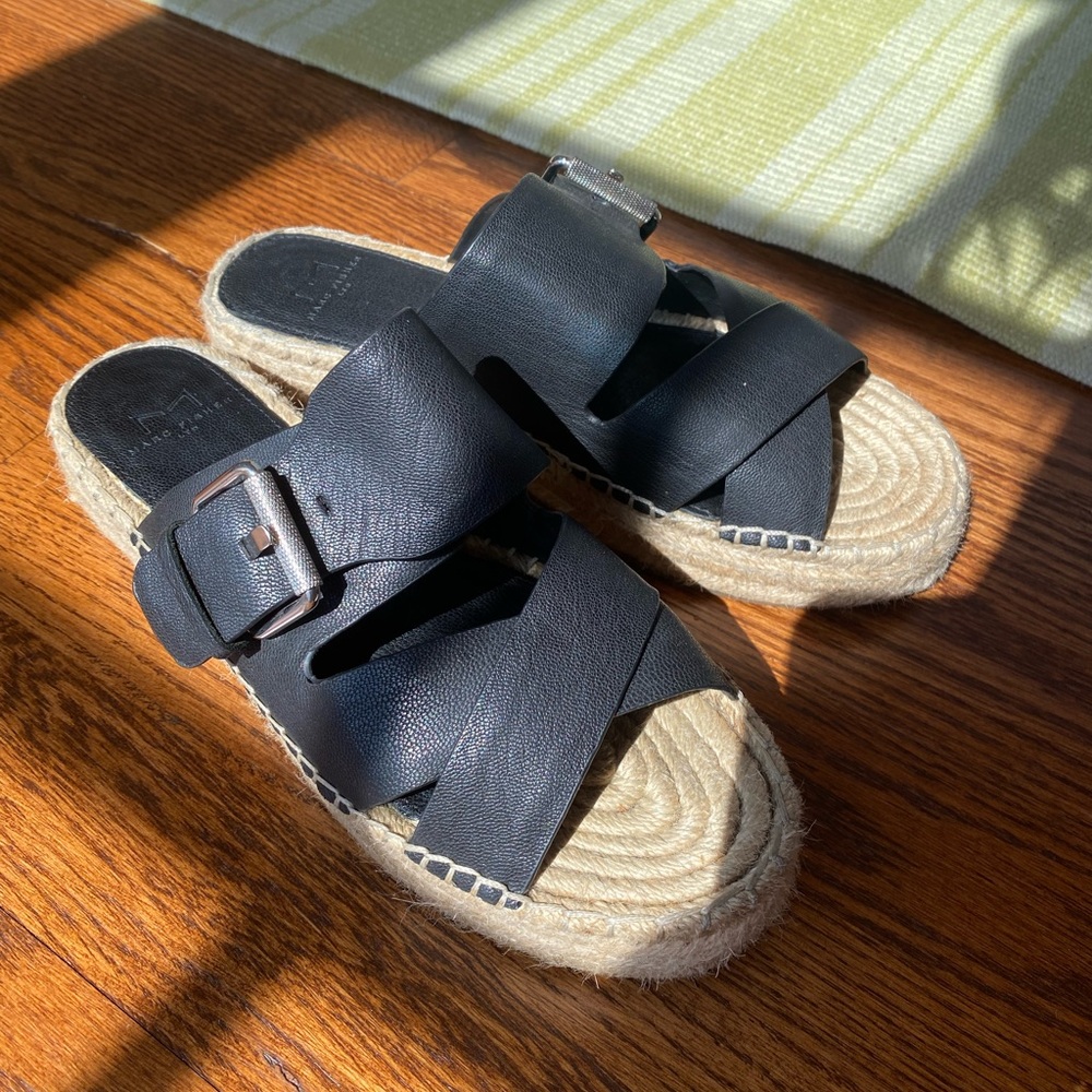 Marc Fisher black leather and espadrille slides size 7